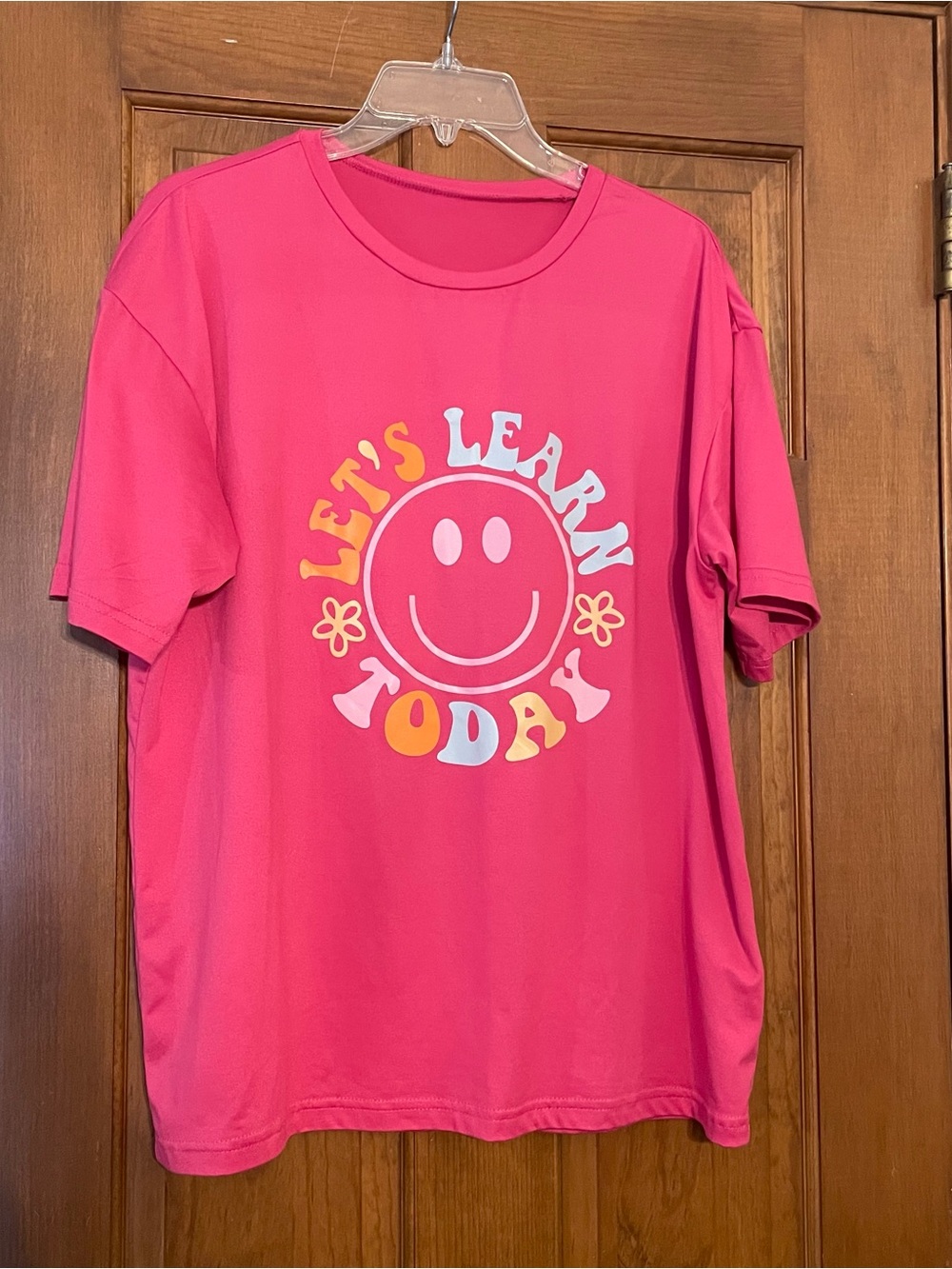 SHEIN Bright Pink "Let's Learn Today" Graphic Tee, Roomy/Oversized Fit,‎ Size M